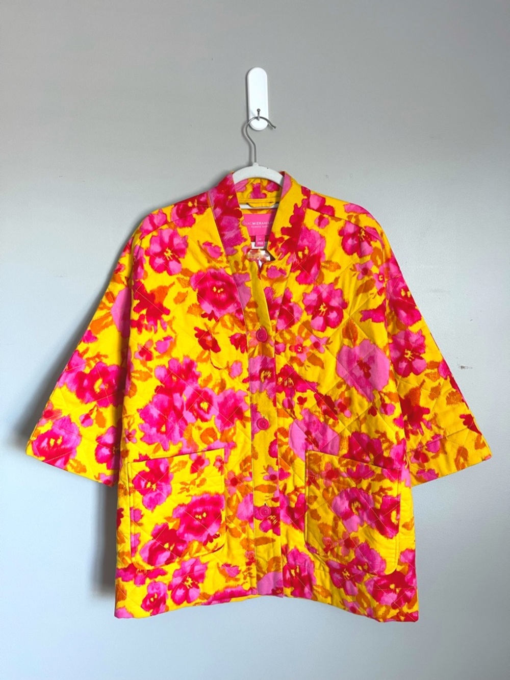 ISAAC MIZRAHI | Oversized Yellow & Pink Floral Quilted Jacket Sz XS